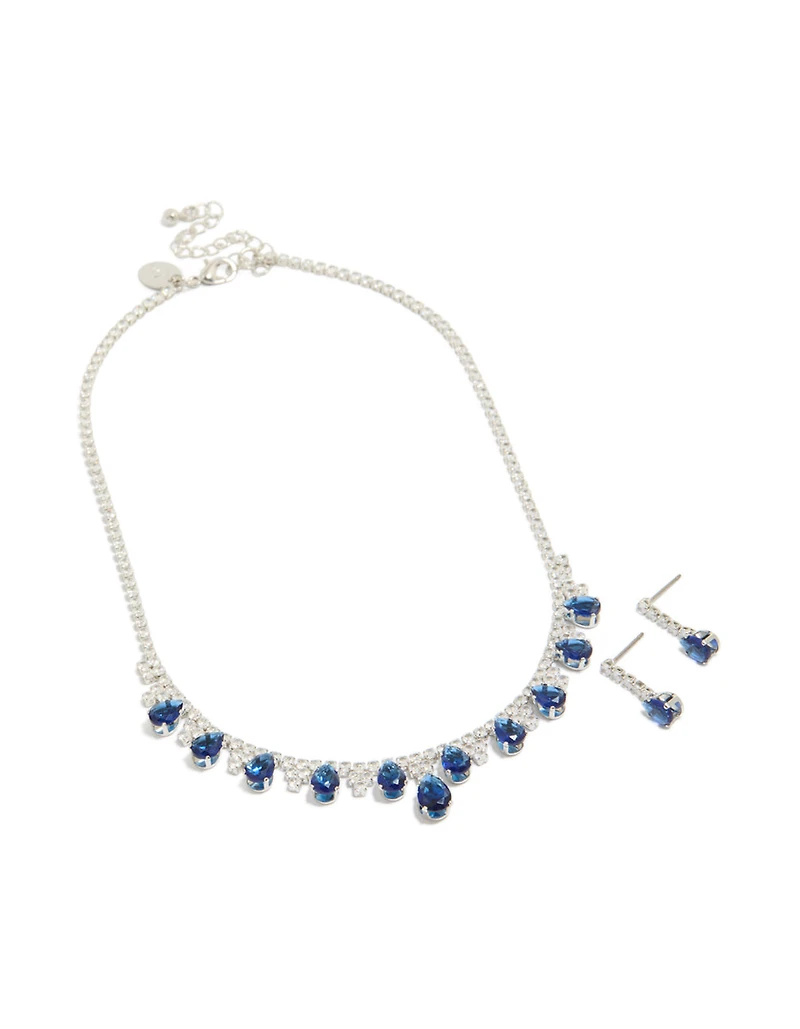 Silver Dark Blue Cubic Zirconia  Necklace & Earrings Set