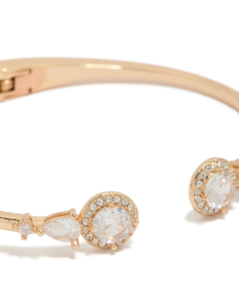Gold Cubic Zirconia Hinged Circle Open Front Wrist Cuff