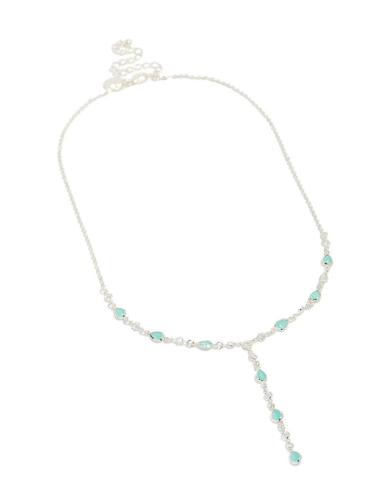 Collier en Y ovale alterné bleu plaqué argent et zircon cubique