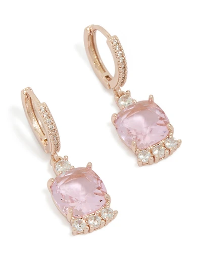 Boucles d'oreilles créoles carrées plaquées or rose et serties de zirconiums roses