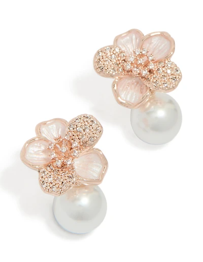 Rose Gold Plated Cubic Zirconia & Pearl Flower Drop Earrings
