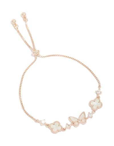 Rose Gold Plated Cubic Zirconia Alternating Flower & Butterfly Toggle Bracelet