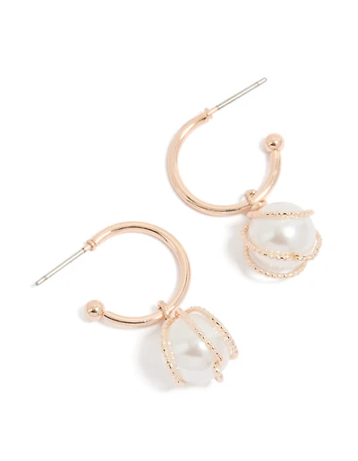 Rose Gold Pearl Wire Wrap Hoop Earrings