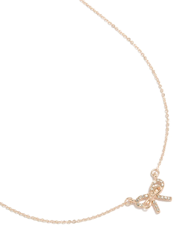 Rose Gold Dainty Diamante Bow Pendant Necklace