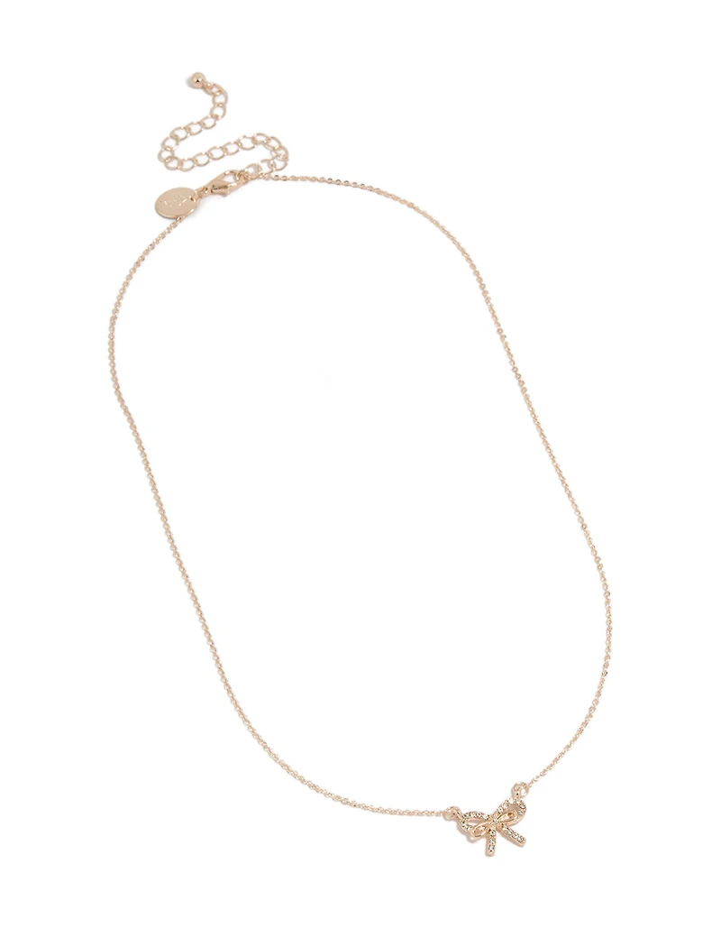 Rose Gold Dainty Diamante Bow Pendant Necklace