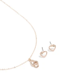 Rose Gold Heart Link Diamante Necklace & Earrings Set