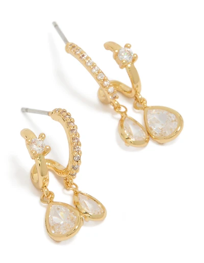 Boucles d'oreilles créoles ouvertes double goutte en zircon cubique plaqué or