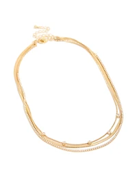 Gold Plated Cubic Zirconia Tennis Snake Chain Triple Layered Necklace