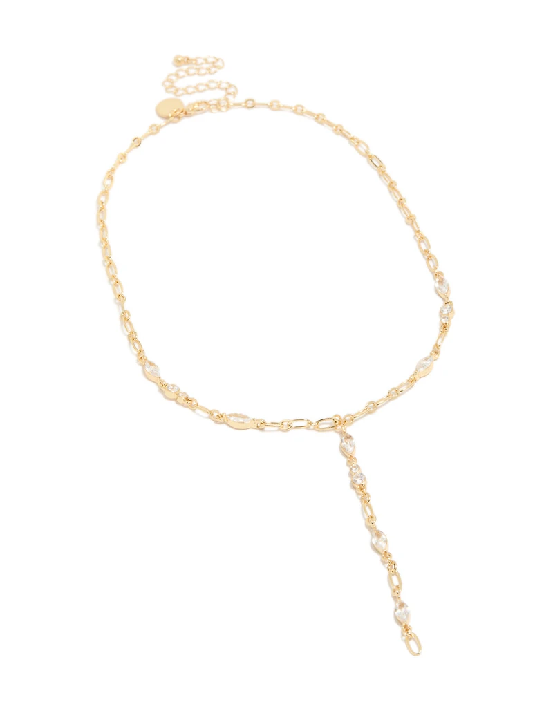 Gold Plated Cubic Zirconia Bezel Chain Y-Necklace