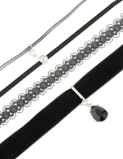 Black Lace & Teardrop Choker Necklaces 4-Pack