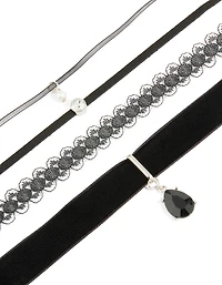 Black Lace & Teardrop Choker Necklaces 4-Pack