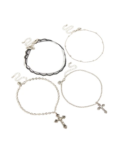 Silver Cross & Black Choker Necklaces Pack