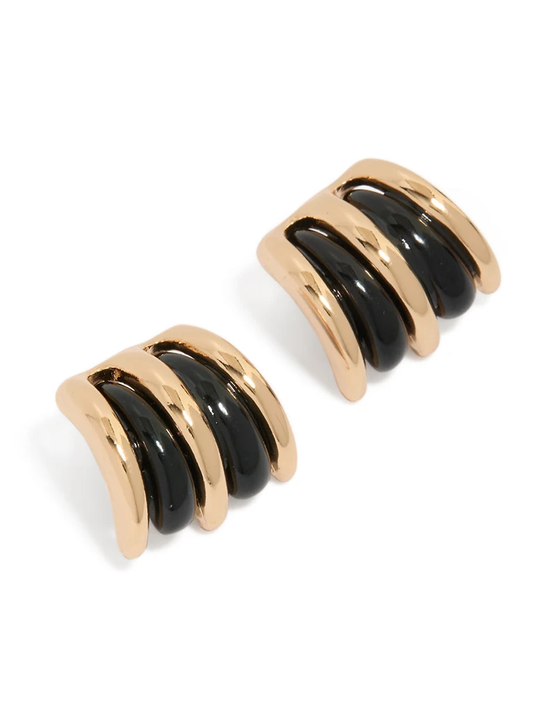 Gold Black Double Lined Stud Earrings