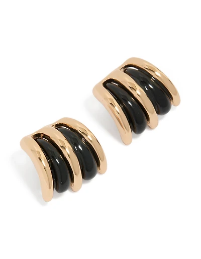 Gold Black Double Lined Stud Earrings