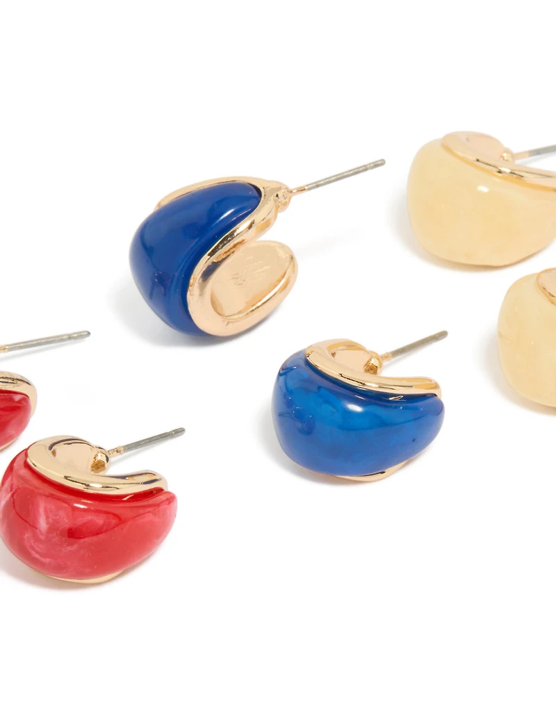 Gold Red & Blue Acrylic Bubble Hoop Earrings 3-Pack