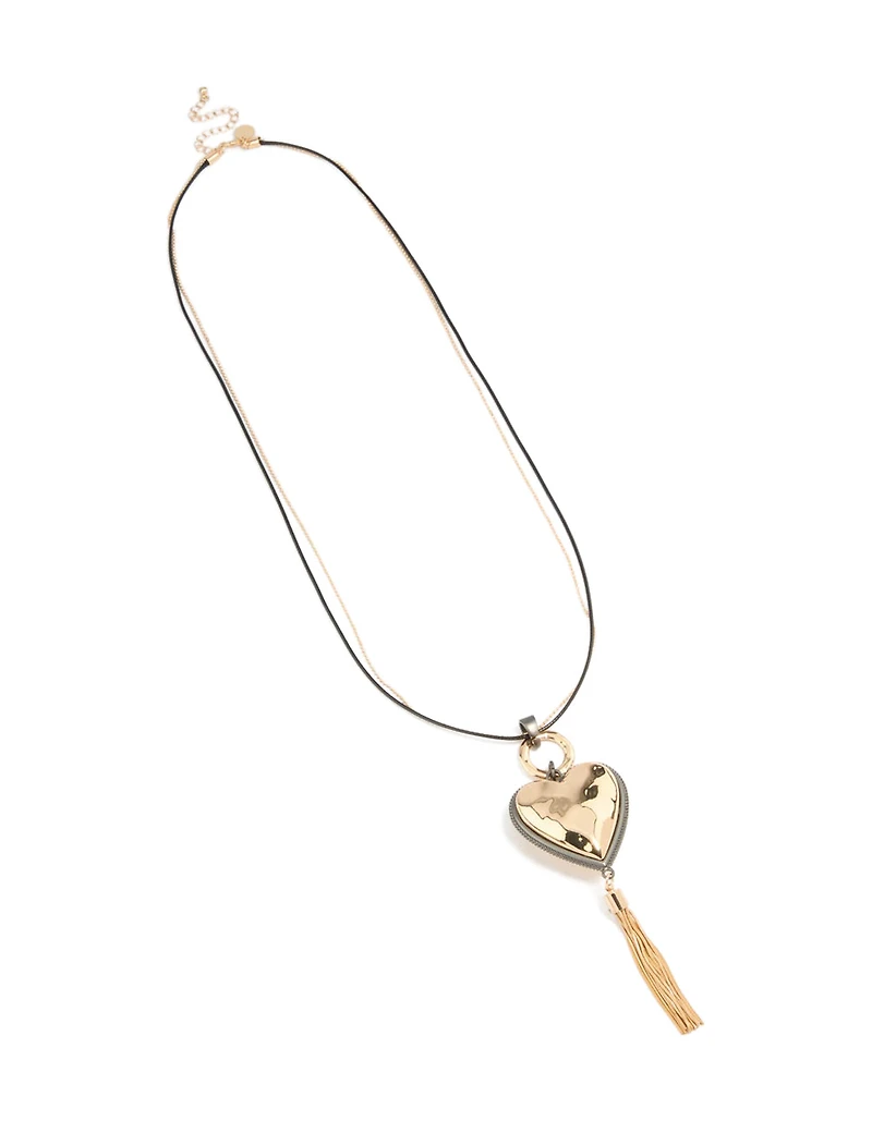 Mixed Metal Chunky Heart Tassel Cord Layered Necklace
