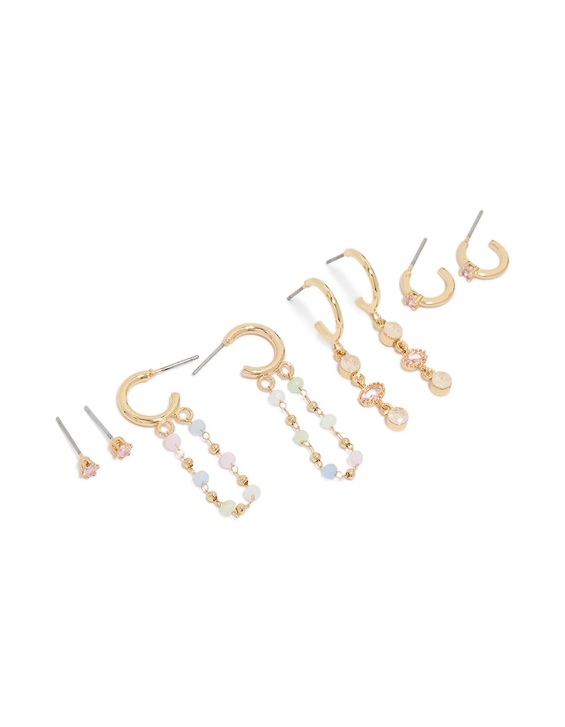 Gold Plated Cubic Zirconia Stone Drop Chain Earrings 4-Pack