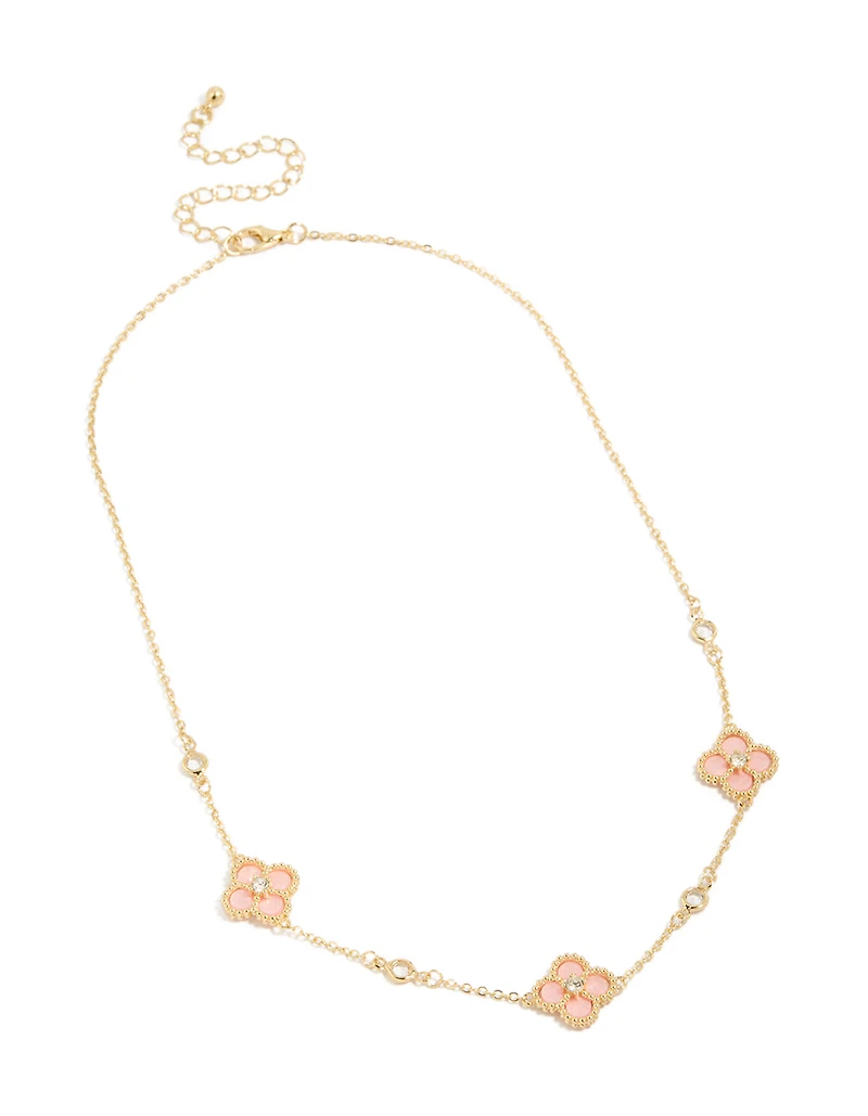 Collier trio de fleurs plaqué or et zircone cubique rose