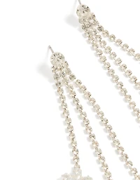 Silver Diamante Triple Tassel Flower Drop Earrings