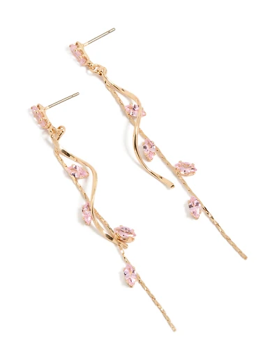 Gold Pink Diamante Swirl Vine Drop Earrings
