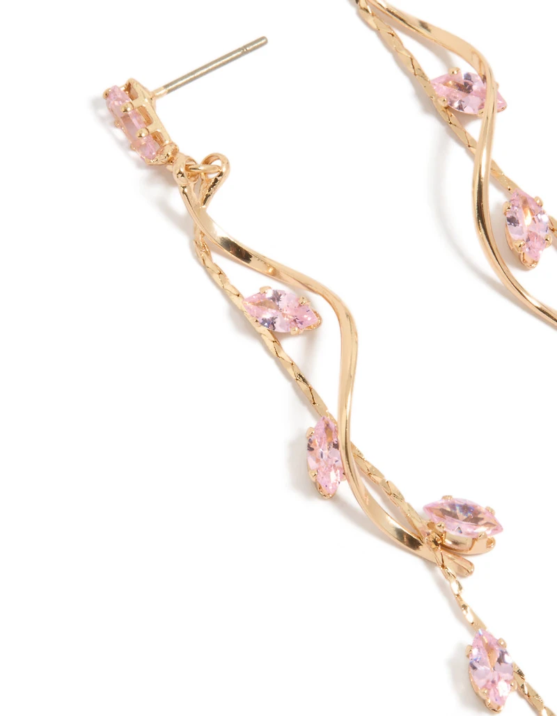 Gold Pink Diamante Swirl Vine Drop Earrings