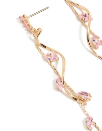 Gold Pink Diamante Swirl Vine Drop Earrings