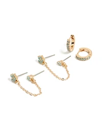 Gold Light Blue Cubic Zirconia Chain Flower & Huggie Earrings Pack