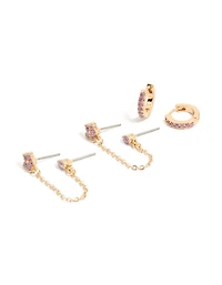 Ensemble de boucles d'oreilles créoles en forme de fleur, or lilas et zircon cubique, avec chaîne et pendentif.