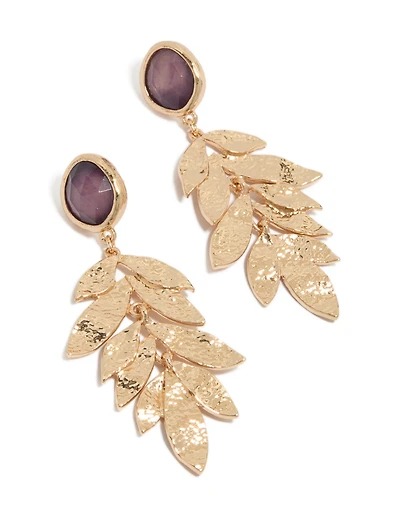 Gold Purple Bead & Textured Layered Petals Drop Earrings
