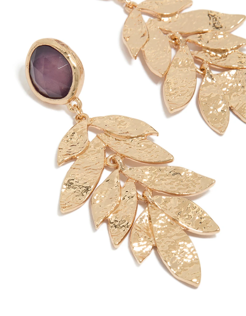 Gold Purple Bead & Textured Layered Petals Drop Earrings