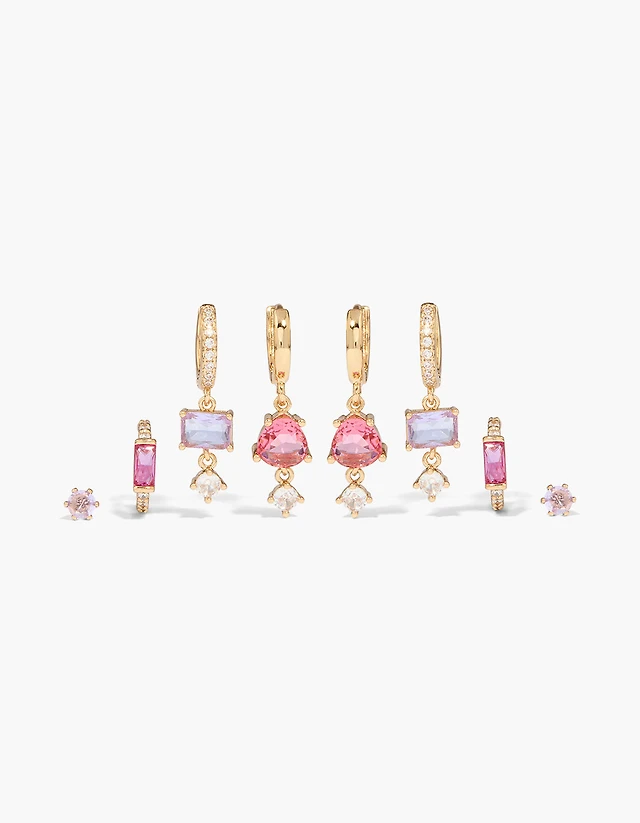 Gold Pink & Purple Cubic Zirconia Square Earrings 4-Pack