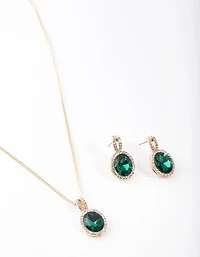 Gold Green Halo Necklace & Earrings Set