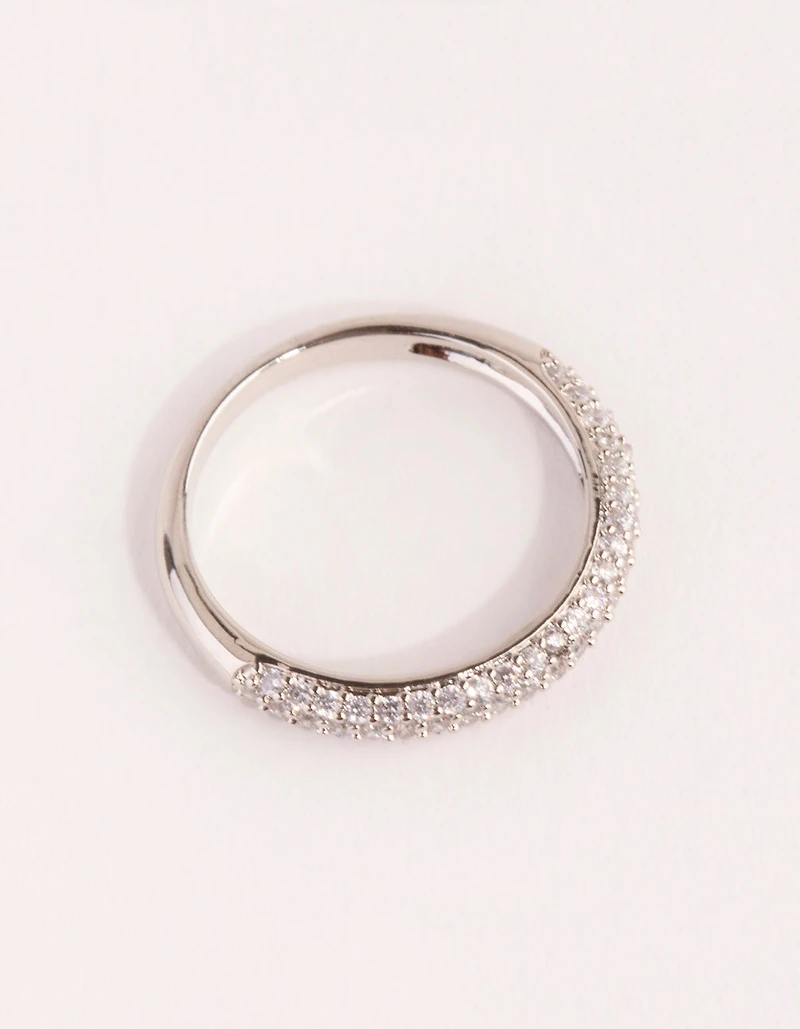 Rhodium Half Pave Cubic Zirconia Ring