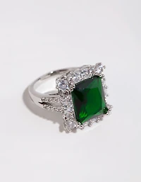 Rhodium Asscher Emerald Cubic Zirconia Ring