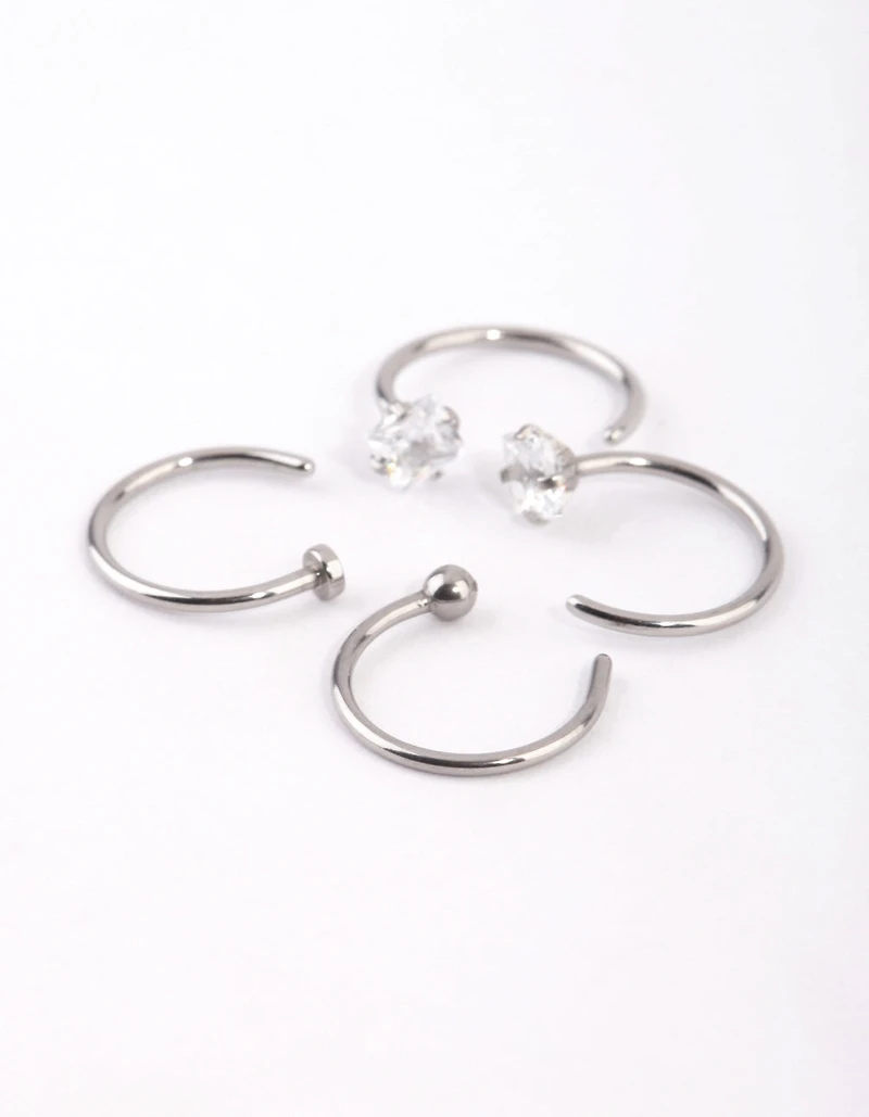 Surgical Steel Silver Martini Set Diamante Nose Ring 4-Pack