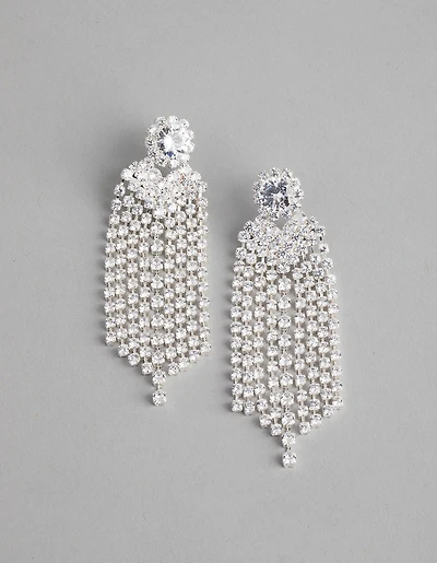 Silver Cubic Zirconia Cup Chain Curtain Earrings