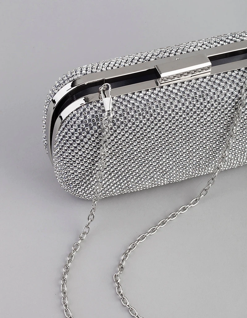 Silver Diamante Rounded Rectangular Clutch