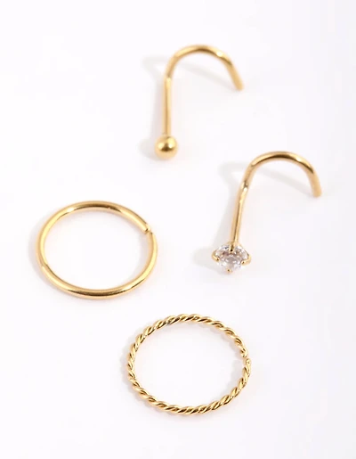Gold Plated Surgical Steel Diamante Twisted Nose Ring 4-Pack
