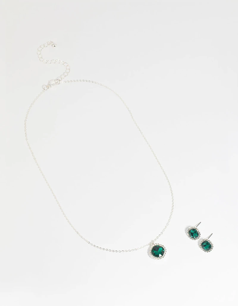 Green Cushion Halo Necklace & Earrings Set