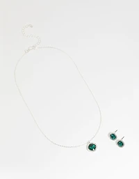 Green Cushion Halo Necklace & Earrings Set