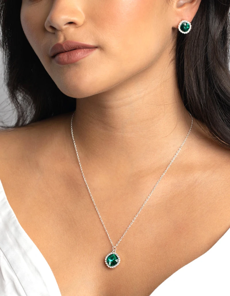 Green Cushion Halo Necklace & Earrings Set