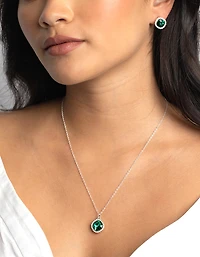 Green Cushion Halo Necklace & Earrings Set