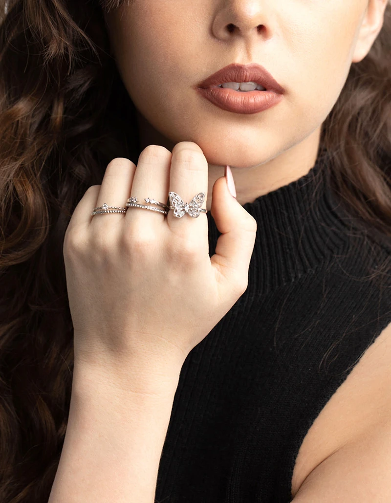 Rhodium Cubic Zirconia Butterfly Ring Stack Pack