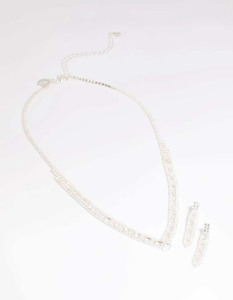 Silver Cubic Zirconia Statement Necklace & Earrings Set