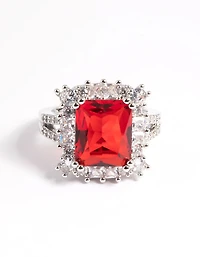 Rhodium Cubic Zirconia Red Asscher Ring
