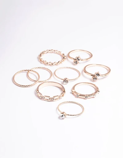 Rose Gold Crystal Chain Ring Pack