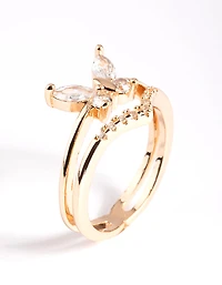 Gold Cubic Zirconia Butterfly Double Band Ring