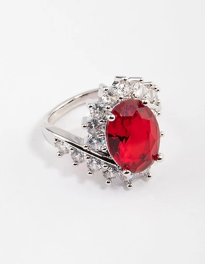 Rhodium Cubic Zirconia Vintage Red Oval Ring
