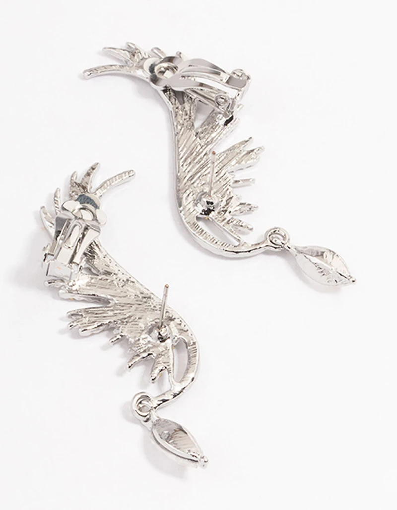 Silver Diamante Wing Drop Cuff Earrings