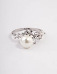 Silver Leafy Pearl Ring